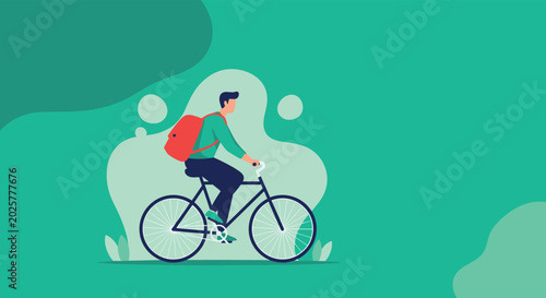 Active young man commutes to work or school on a bicycle while wearing a backpack against a stylized green background with abstract shapes.