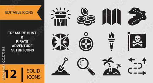 Treasure hunt pirate adventure setup collection for ocean quest and hidden riches exploration icons