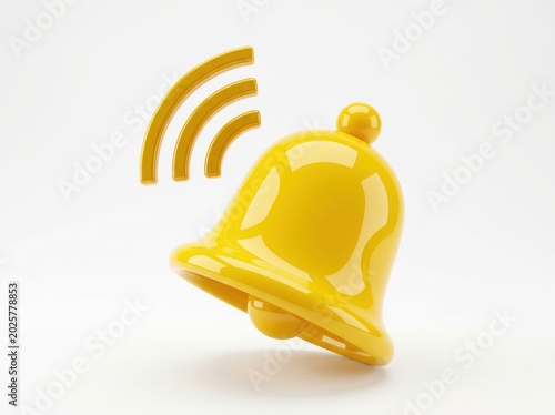 Shiny yellow alarm bell ringing with sound waves representing notification or alert.