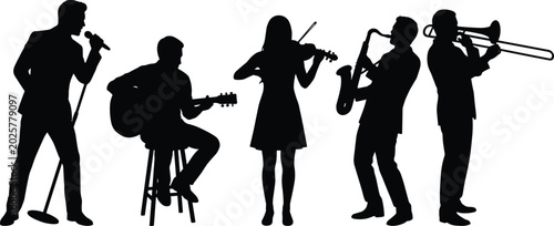 Bild auf Leinwand Live Music Band Silhouette Vector Collection with Singer Guitarist Violinist Sax