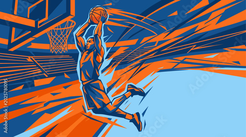 A dynamic graphic illustration of a basketball player performing a powerful slam dunk in an energetic blue and orange abstract court setting.