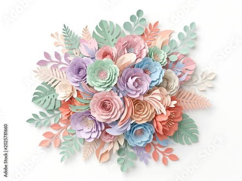 Colorful paper flowers and leaves bouquet arrangement on white background