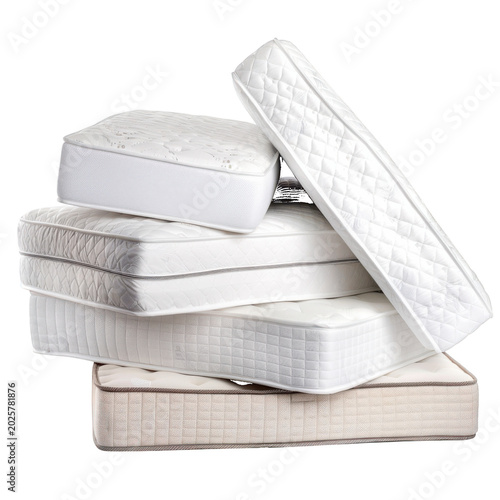 Stack of White Mattresses of Various Sizes Keywords: mattresses, beds, bedding isolated on a transparent background