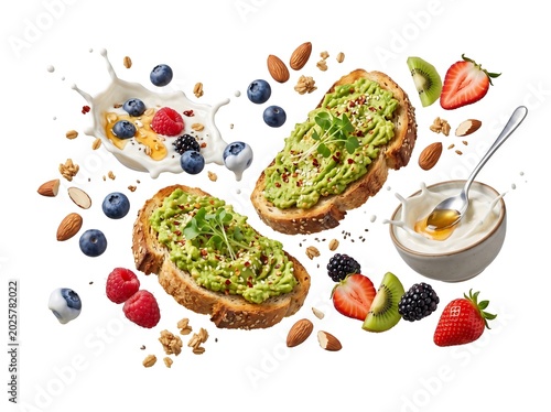Delicious breakfast food with toast avocado fruits and yogurt flying in air