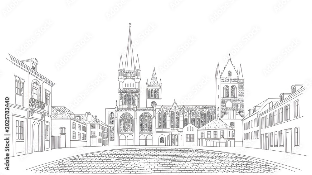 Obraz premium Historic European cityscape illustration Gothic architecture in black and white line drawing for travel brochure
