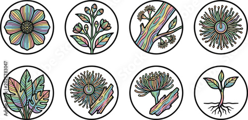 Bilde på lerret Set of eight botanical vector icons with plants and flowers