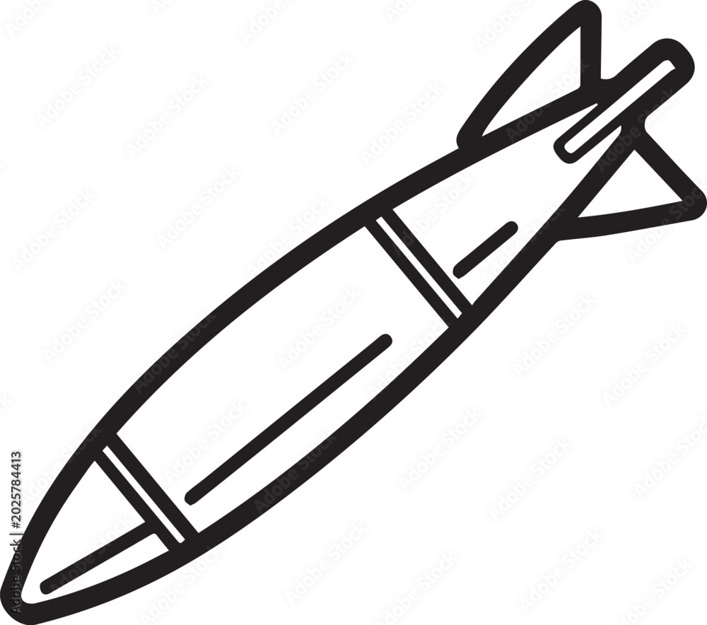 Fototapeta premium A black and white outline illustration of a bomb, its aerodynamic shape and fins clearly defined.
