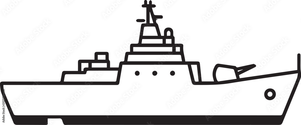 Fototapeta premium A modern warship, depicted in a clean line art style, stands ready for duty, showcasing its robust design and naval power.