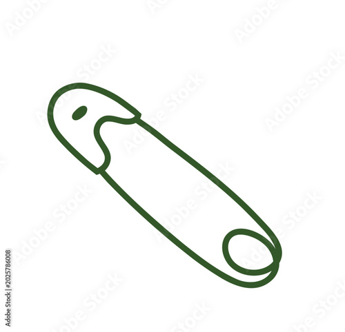 Green Line Art Safety Pin Illustration Isolated on White Background. P