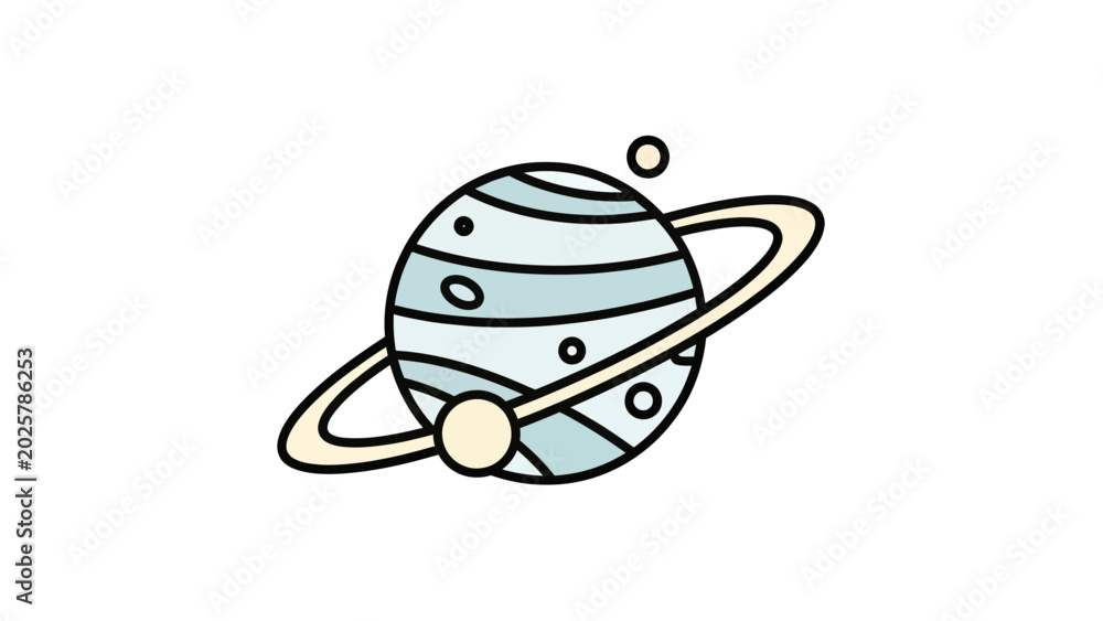 Fototapeta premium A cartoonish planet with rings and a small moon orbits against a white background
