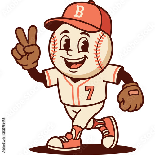 A cartoon baseball character wearing a uniform and cap makes a peace sign.