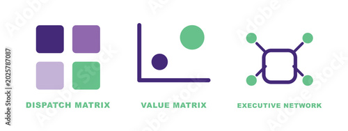 Quadro su tela Three line icons depicting business and executive concepts including dispatch matrix