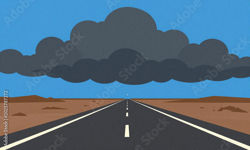 deserted asphalt stretch recedes horizon dark clouds gather single raindrop glistening surface bright blue