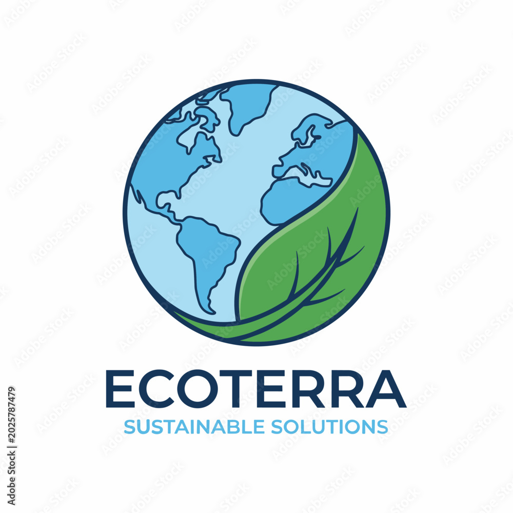 Fototapeta premium A blue globe with continents and a green leaf, representing Ecoterra Sustainable Solutions logo, symbolizing environmental care and global sustainability.