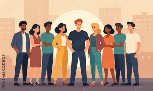 diverse group individuals various ethnicities ages stand together arms intertwined bathed warm sunlight filters