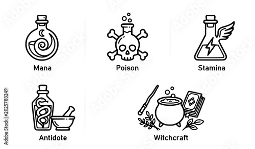 Photography Potion and magic icon set mana poison stamina antidote witchcraft