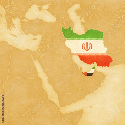 Ocher map of Middle East - Iran and United Arab Emirates