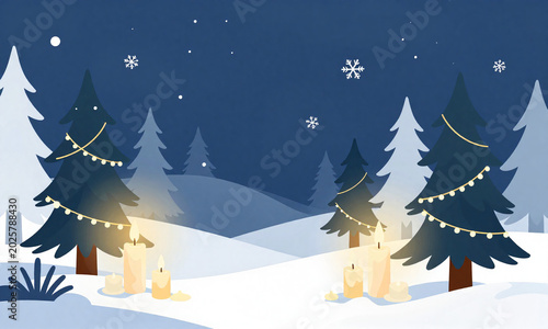festive holiday scene snowflakes gently falling serene winter wonderland landscape featuring candles garlands evergreen trees
