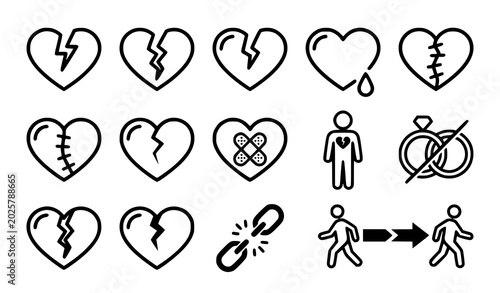 Fotografie Heartbreak and relationship issues line icons set