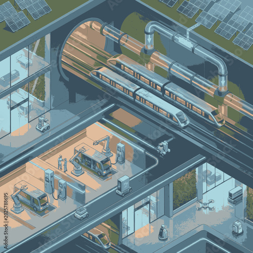 Fotografia Futuristic city infrastructure with high-speed trains, automated factories, and renewable energy sources