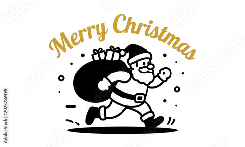 jovial santa claus sprints swirling snowfall massive sack overflowing colorful gifts calligraphic christmas