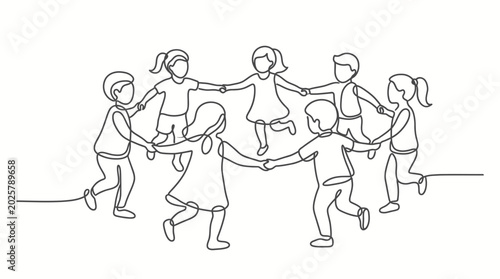 Continuous line drawing of a group of children holding hands in a circle.