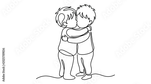 Fotografía Continuous line drawing of two children hugging and kissing each other