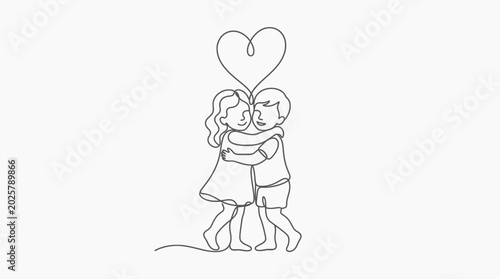 Obraz na plátně Continuous line drawing of a little boy and girl hugging with a heart symbol above them