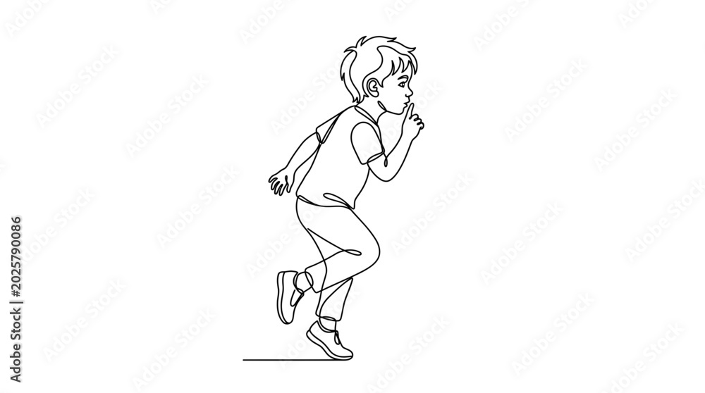 Obraz premium Continuous line drawing of a young boy running while making a hush gesture.