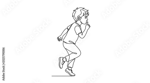 Schilderij op canvas Continuous line drawing of a young boy running while making a hush gesture