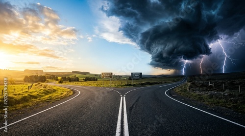 Asphalt road splitting into a fork under a split sunny and dark thunderstorm sky with roadside billboards