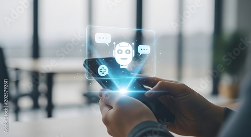 Chatbot interface on smartphone ai communication and customer service technology concept