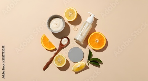 Natural skincare products with citrus fruits and cream