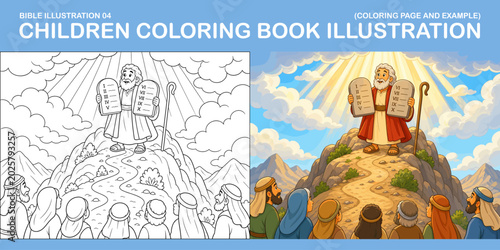 Children's Coloring Book Illustration Featuring a Biblical Figure Holding Stone Tablets Against a Scenic Background Ideal for Creative Learning Activities