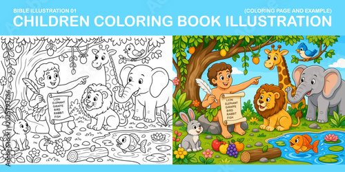 Engaging Children with Creative Learning: Bible-Themed Coloring Book Illustration Featuring Friendly Animals and Playful Characters for Young Artists