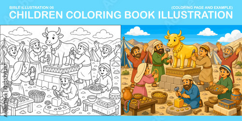 Children's Coloring Book Illustration Featuring a Biblical Scene with Worshippers and a Golden Calf, Perfect for Young Artists to Enjoy Creative Expression