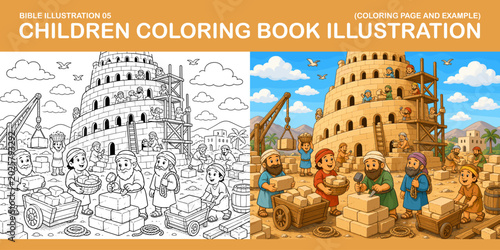 Vibrant and Engaging Coloring Book Illustration for Children Featuring a Tower Building Scene from Biblical Times with Joyful Characters and Detailed Activities