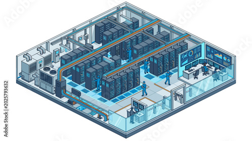 Modern data center with server racks cooling systems and control room isometric view