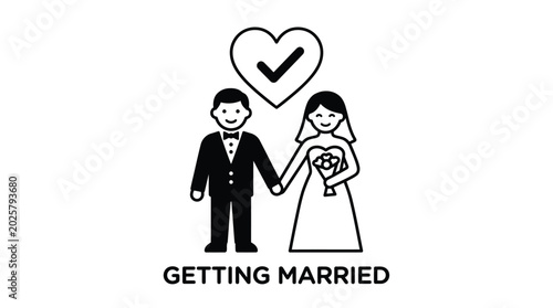 Vector graphic illustration of Cartoon couple getting married with heart Vector