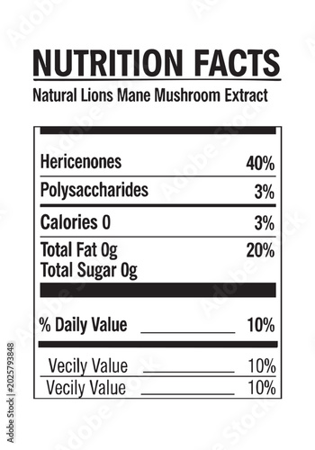 Foto Nutrition Facts Label for Lion's Mane Mushroom Extract Supplement with Hericenon