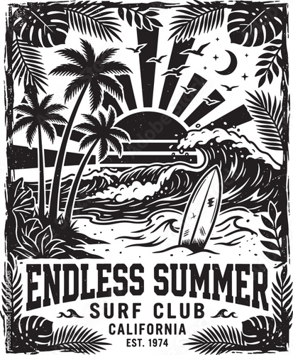 Endless summer surf club california est 1974 graphic design.