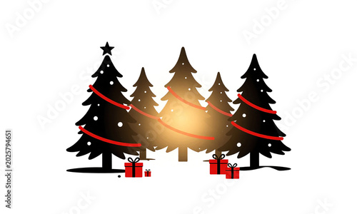 forest dawn illuminated warm golden light features festively decorated christmas trees wrapped vibrant red garlands