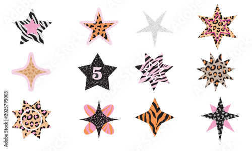 Set of trendy Y2K aesthetic stars with animal prints and textures. Collection featuring leopard, cheetah, zebra and tiger patterns, pink glitter for modern streetwear design, t-shirt prints, scrapbook