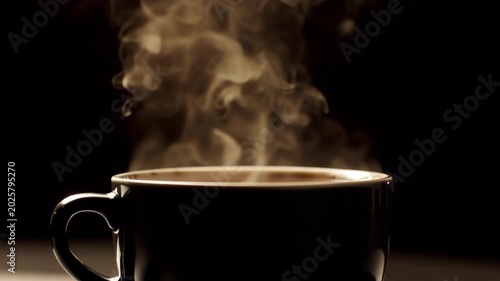 Coffee Steam Rising from Black Cup Close Up 4K