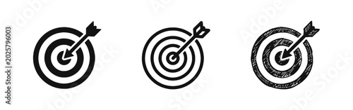 Photos Goal success and target icon set featuring arrow hitting the center of a bullsey