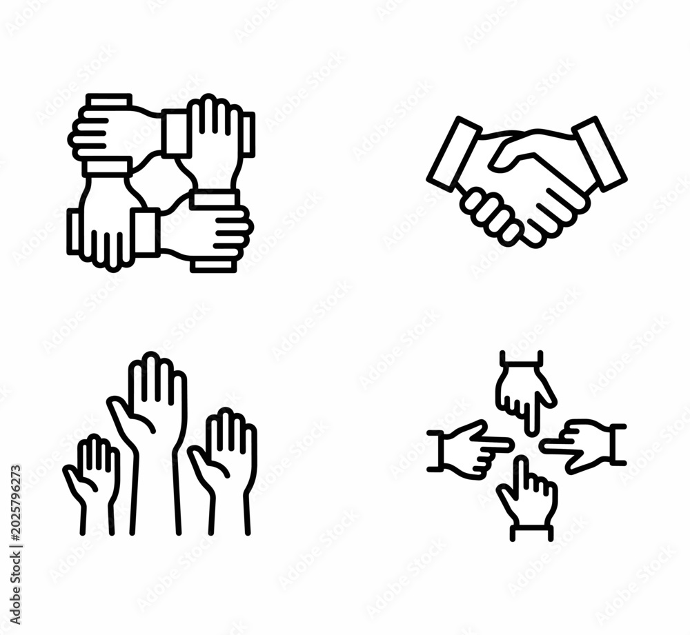 Obraz premium Line art icons depicting various forms of human interaction, teamwork, agreement, participation, and shared focus.