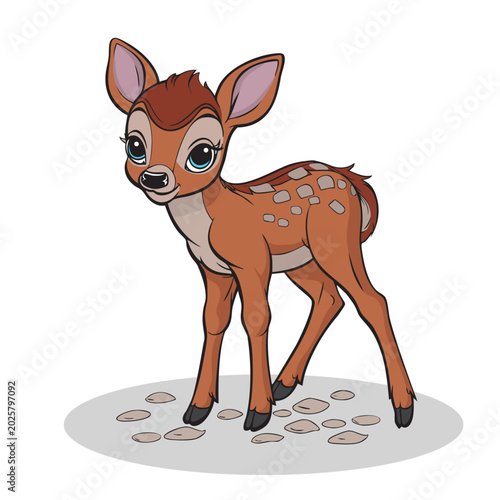 An adorable cartoon fawn with big blue eyes and spots on its back standing on a white background. Sweet character design of a baby deer, perfect for children books or stickers.
