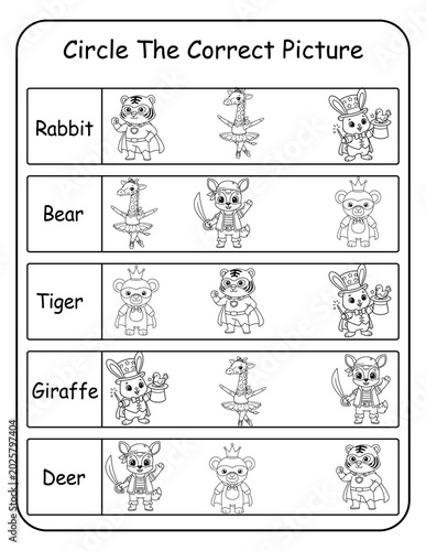фотографія Printable costume animal word recognition worksheets for preschool and pre-k learners