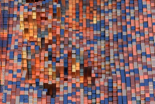 Fotografia Copper blue and orange voxel mosaic surface 3D illustration