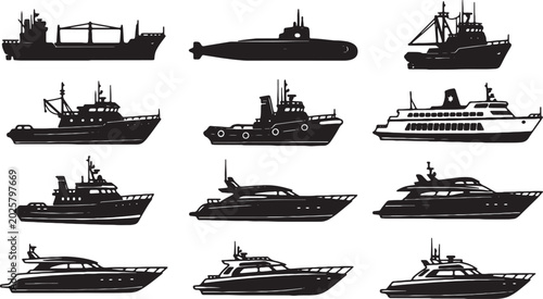 Картината върху платно Silhouettes of various watercraft including cargo ship submarine yachts with cru